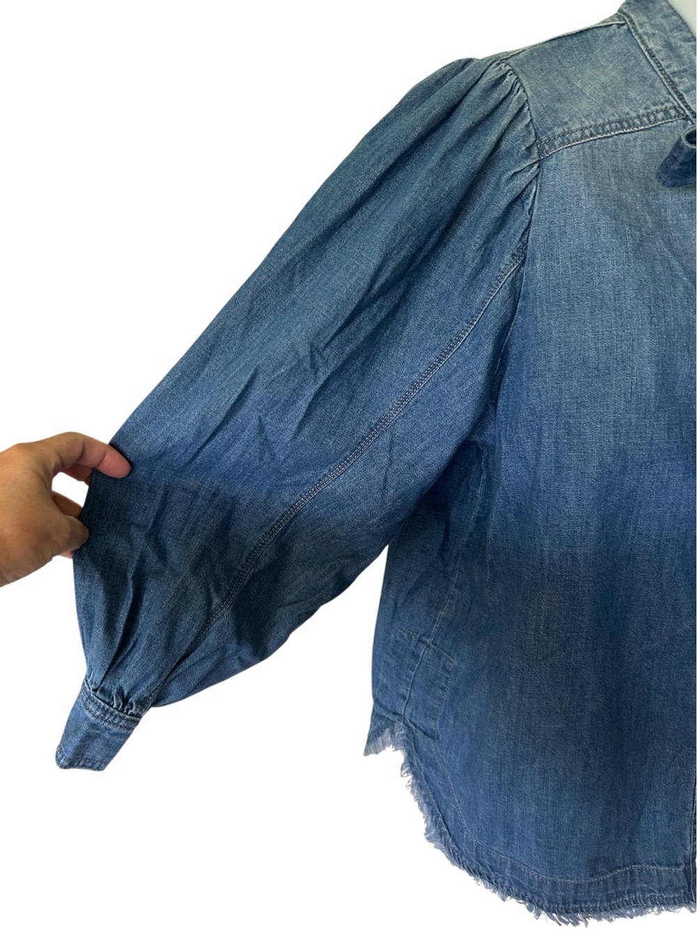 Anthropologie Pilcro Tie Neck Blouse Chambray Puff Balloon Sleeve Excellent M - Picture 5 of 11